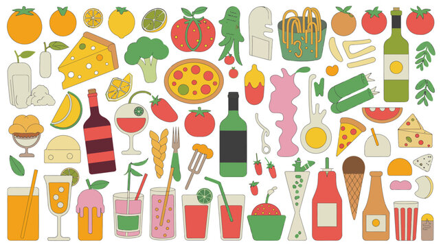 colorful food and drink illustration pizza tomato orange lemon broccoli wine cocktail ice cream vector graphic pattern background scenic culinary beverage