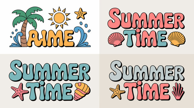 summer themed illustrations vector palm tree sun starfish shell hand conch beach vacation holiday seasonal fun colorful graphic design pattern background