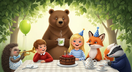 Naklejka premium Cartoon forest animals celebrating a birthday with cake, tea, and music, symbolizing friendship, joy, and childhood merriment