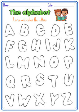 Editable EPS alphabet worksheet for kids learning. Colorful retro groovy English letters from A to Z vector template for school and preschool activities.