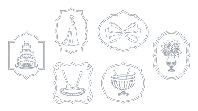 wedding icons set line art cake bride bow flowers vase dessert spoons silhouette outline vector illustration white background event celebration party