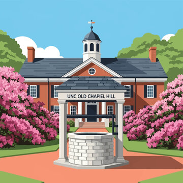 Vector illustration of the iconic Old Well landmark at the University of North Carolina at Chapel Hill featuring a brick building, pink azalea bushes, and architectural details.