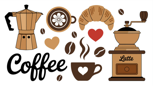 coffee themed vector illustration croissant moka pot grinder beans cup heart white background brown steaming latte breakfast morning aroma cafe food