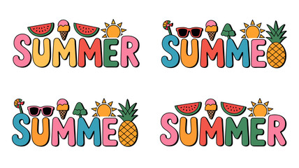 Fototapeta premium summer typography with colorful icons watermelon ice cream pineapple sunglasses sun tree vector illustration white background seasonal festive holiday design graphic