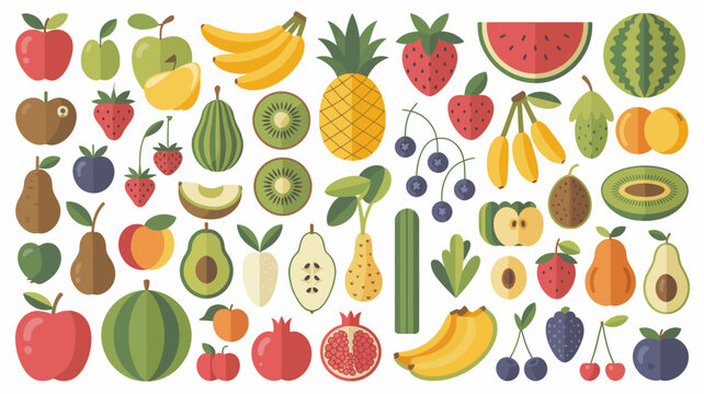 colorful fruit collection flat vector apple banana watermelon strawberry kiwi pear orange pineapple berry avocado pomegranate illustration graphic design food nutrition