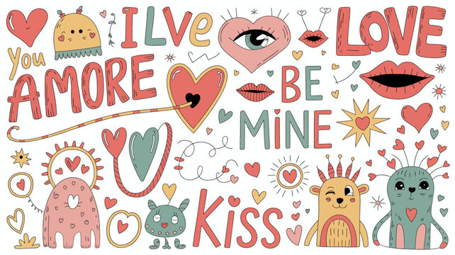 playful scrapbook doodle with hearts and cute characters love amore mine kiss vector illustration white background romantic funny adorable cartoon hand drawn