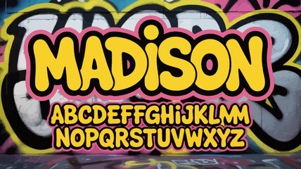 graffiti alphabet in bold yellow letters street art urban font typeface text artwork wall colorful vibrant outdoor culture design graphic stylish © Nargis