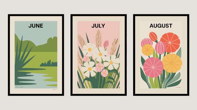 three framed art prints with june july august landscape flowers seasonal vector illustration minimalist botanical nature summer decorative home decor artwork