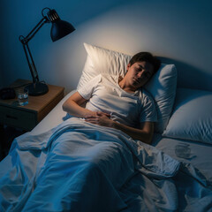 Fototapeta premium A Person Resting In Bed At Night Suffering From Abdominal Pain and Insomnia Under Soft Lighting