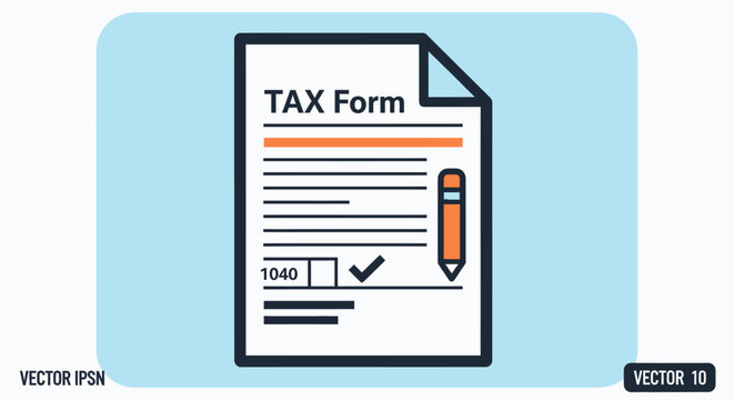 Tax Form 1040 illustration with a pencil and checkmark for income tax filing.
