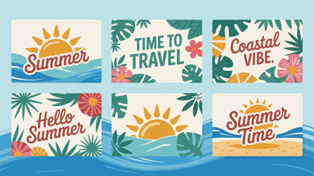 summer themed vector cards travel coastal vibe hello time sun waves flowers leaves beach vacation holiday seasonal illustration graphic design pattern