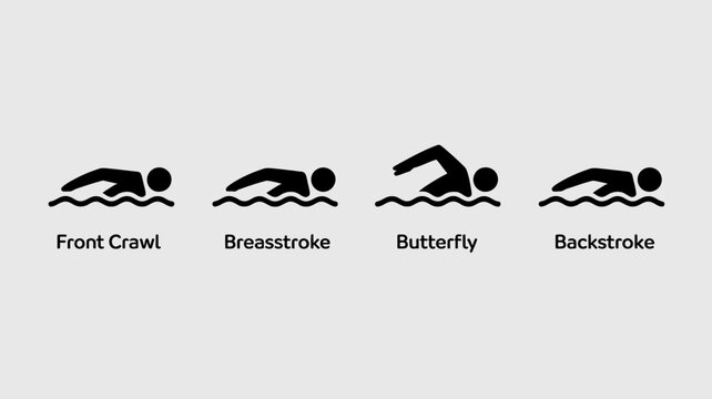 swimming strokes silhouettes on white background front crawl breaststroke butterfly backstroke swimmer icons black vector illustration sports fitness activity water exercise