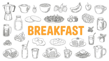 breakfast food items sketch style black white orange text coffee milk pancakes eggs fruit banana apple strawberry croissant drawing illustration meal © Nargis