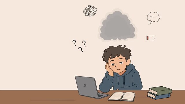 Young Student Experiencing Brain Fog And Mental Fatigue While Studying At A Laptop. Tired Character With Low Energy, Confusion Symbols, Thought Cloud And Empty Battery Icon. Flat Cartoon  Animation