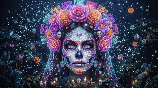 Day of the Dead Catrina with sugar skull makeup and flower crown surrounded by surreal underwater coral reef background