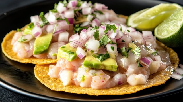 Ceviche tostadas, fresh toppings, lime wedges on a black plate, close-up shot