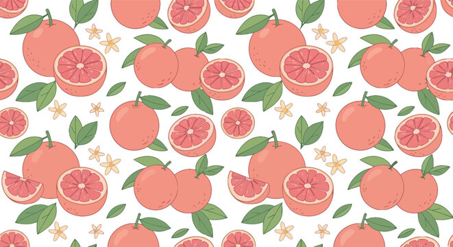 Professional Seamless Pattern of Fresh Pink Grapefruits and Leaves for Design Projects
