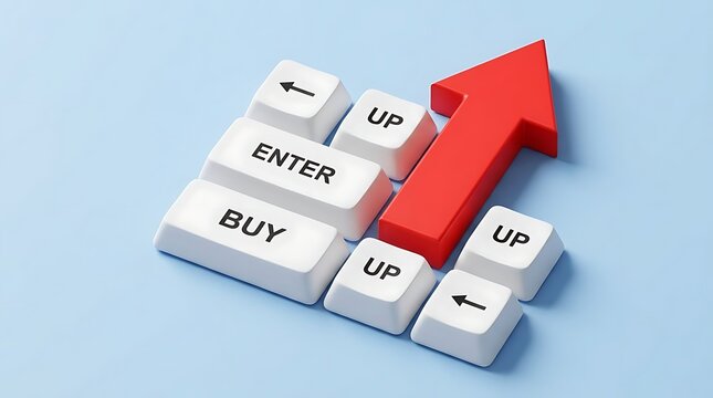 White keyboard keys interact with a red growth arrow showing buy and enter labels representing online purchasing surges and e-commerce growth