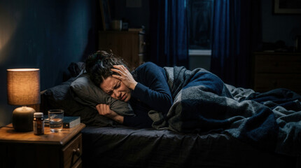 Fototapeta premium A Woman In Bed Struggles With Sleeplessness And Stress At Night And Has A Headache