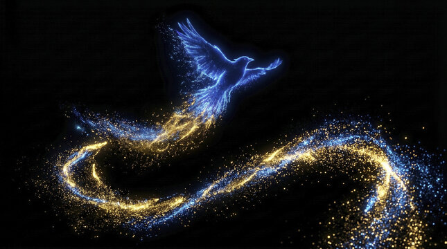 Magical bird of light flying on black background with glowing golden particles trail