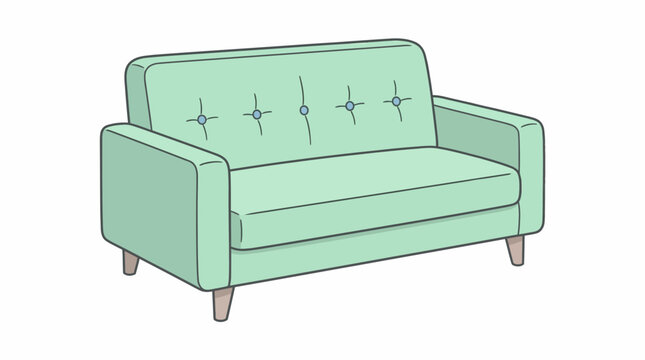 Mint green sofa with tufted back and wooden legs