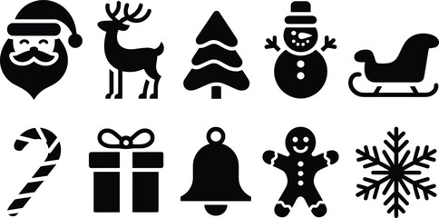 Christmas silhouette icons Santa Claus reindeer tree snowman sleigh candy cane gift bell gingerbread snowflake festive holiday symbols © MOSTSHAHANAJ