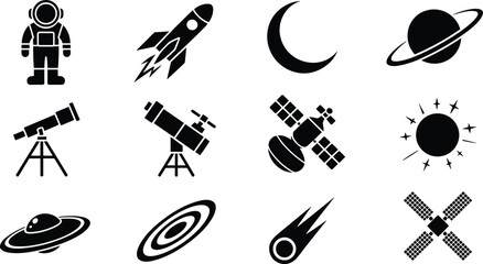 Silhouette icons of astronaut rocket moon planet Saturn telescopes satellites sun UFO galaxy comet astronomy space exploration science © MOSTSHAHANAJ