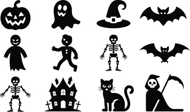 Halloween silhouette icons pumpkin ghost witch bat zombie skeleton haunted house cat grim reaper spooky scary holiday symbols