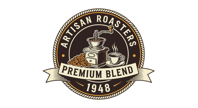 Vintage artisan coffee roasters emblem with grinder and beans on white background.