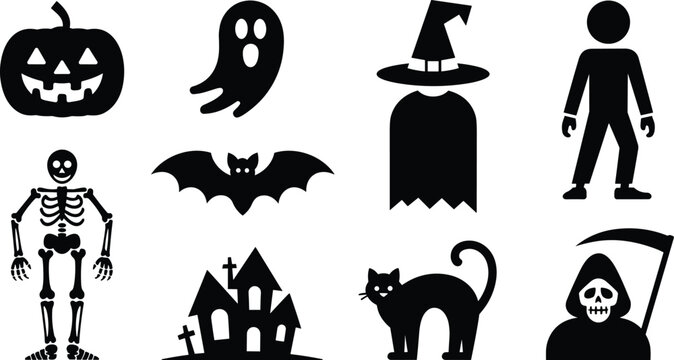 Halloween silhouette icons pumpkin ghost witch zombie skeleton bat haunted house cat grim reaper spooky scary holiday symbols