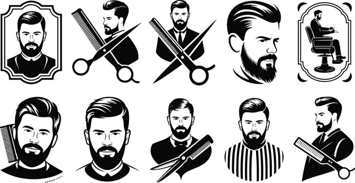 Silhouette icons of barbershop grooming bearded man hairstyle scissors comb barber chair logo style professional men&rsquo;s haircut branding