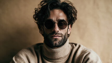 Fototapeta premium Confident Man in Beige Turtleneck and Sunglasses, Studio Portrait with Calm Expression and Soft Lighting.