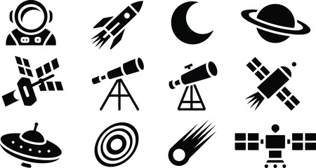 Silhouette icons of space exploration astronaut rocket moon planet satellites telescopes UFO orbit comet astronomy science technology symbols © MOSTSHAHANAJ
