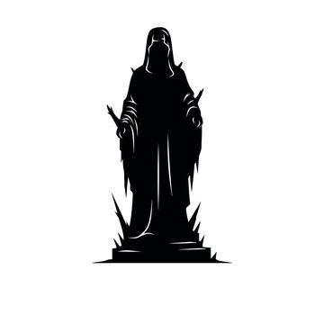Dark hooded figure holding swords standing on pedestal.