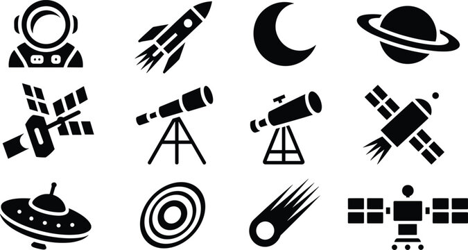 Silhouette icons of space exploration astronaut rocket moon planet satellites telescopes UFO orbit comet astronomy science technology symbols
