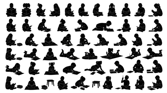 Young Children Reading and Writing Floor Silhouette Mega Bundle &mdash; Cross-Legged Prone and Kneeling Poses with Books Papers and Drawing Sheets for Education Interiors
