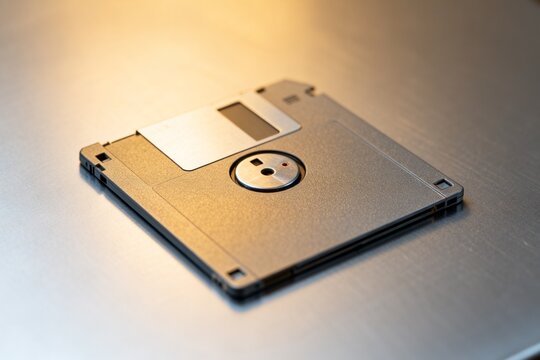 Old floppy disk on metallic surface