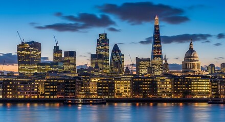 Obraz premium Illuminated Modern London Skyline Reflecting on River Thames at Twilight