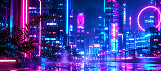 Fototapeta premium Neon city skyline at night with reflections on wet pavement and tropical plants