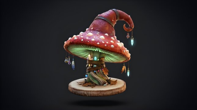 3D mushroom wizard hat icon, enchanted forest magic item, isolated