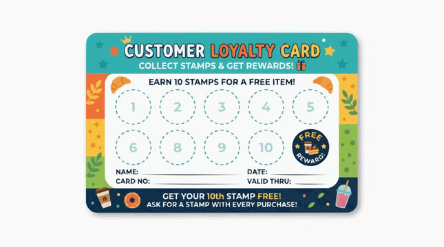 Customer Loyalty Card Design: A vibrant customer loyalty card design features a colorful collection of stamps and rewards, encouraging repeat business and customer engagement.