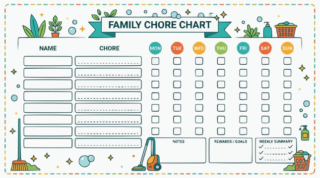 Family Chore Chart for a Tidy Home: A visually appealing and functional family chore chart designed to organize daily tasks and promote household cleanliness. Features columns for names, chores.
