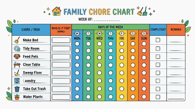 Family Chore Chart: A vibrant and organized family chore chart designed to encourage responsibility and teamwork among household members, with spaces for tasks, days of the week, completion.