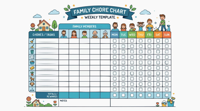 Family Chore Chart: A colorful and illustrated weekly family chore chart template, designed to organize household tasks and encourage shared responsibility among family members.