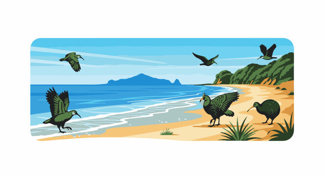 Six green birds, three flying, three on a sandy beach with ocean and mountains