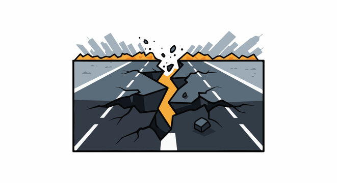 A cracked road splits open, revealing molten earth, with city silhouettes in background