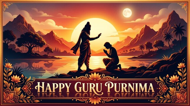 Illustration for Guru Purnima with a guru and disciple in silhouette