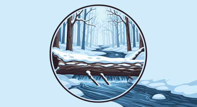A pixel-art winter forest scene with a snowy stream and fallen log