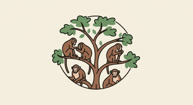 Five brown monkeys sit and interact on tree branches within a circular frame