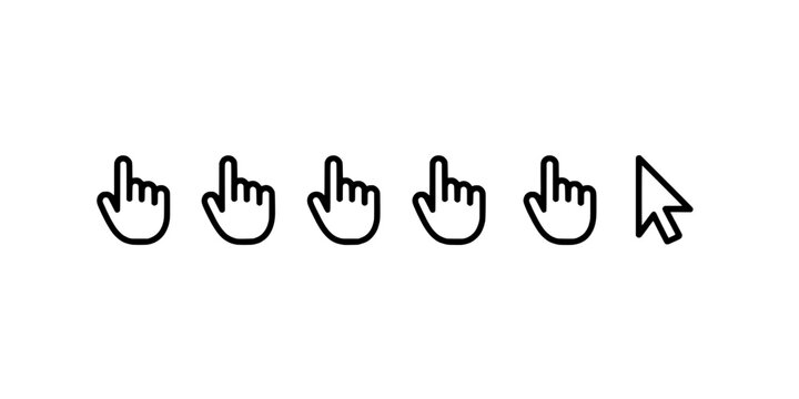 Hands pointing down row with black outline and gray shading, cursor arrow clicking interface icon for UI and web design